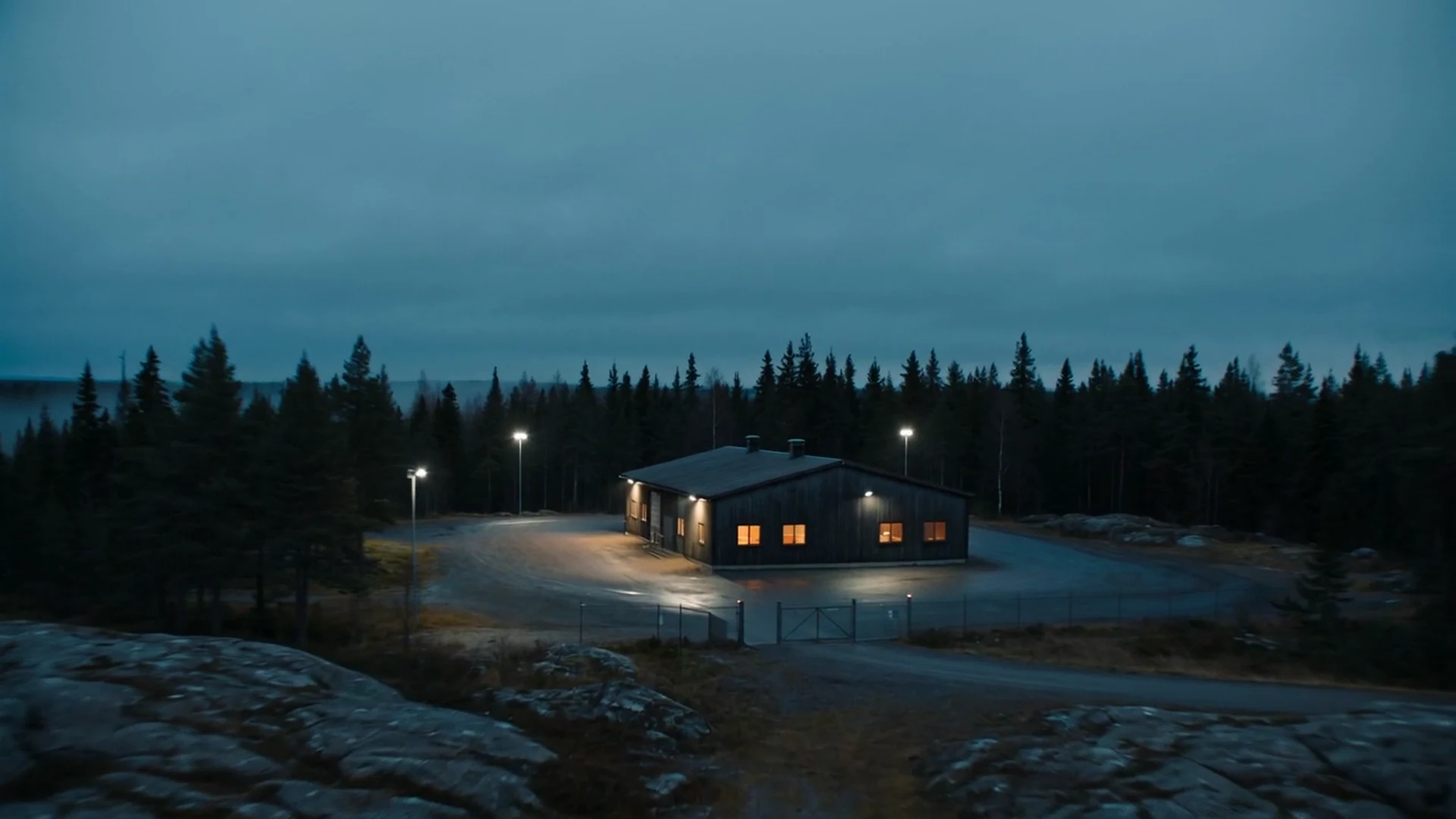 Valaistu yrityskiinteistö ja piha-alue hämärässä
